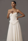 White A Line Ruffled Corset Sweetheart High Low Wedding Reception Dress with Bow