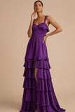 Dark Purple Satin A Line Thick Straps Ruffled Long Wedding Guest Dress with Slit