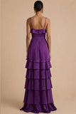 Dark Purple Satin A Line Thick Straps Ruffled Long Wedding Guest Dress with Slit