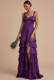 Dark Purple Satin A Line Thick Straps Ruffled Long Wedding Guest Dress with Slit
