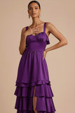 Dark Purple Satin A Line Thick Straps Ruffled Long Wedding Guest Dress with Slit