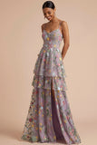 Mauve Floral A Line Tiered Embroidered Long Formal Dress with Slit