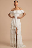 White A Line Ruffled Off the Shoulder Maxi Wedding Reception Dress with Slit
