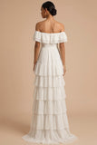 White A Line Ruffled Off the Shoulder Maxi Wedding Reception Dress with Slit
