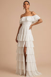 White A Line Ruffled Off the Shoulder Maxi Wedding Reception Dress with Slit