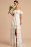 White A Line Ruffled Off the Shoulder Maxi Wedding Reception Dress with Slit