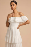 White A Line Ruffled Off the Shoulder Maxi Wedding Reception Dress with Slit