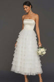 White Ruffled Strapless Backless Tiered Long Wedding Reception Dress
