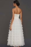 White Ruffled Strapless Backless Tiered Long Wedding Reception Dress