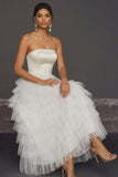 White Ruffled Strapless Backless Tiered Long Wedding Reception Dress