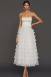 White Ruffled Strapless Backless Tiered Long Wedding Reception Dress
