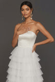 White Ruffled Strapless Backless Tiered Long Wedding Reception Dress