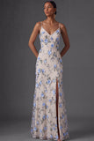 Lilac Mermaid Spaghetti Straps Floral Long Wedding Guest Dress with Slit