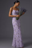 Lilac Mermaid Spaghetti Straps Floral Long Wedding Guest Dress with Slit