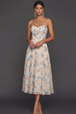 Lilac Floral Strapless A Line Long Wedding Guest Dress