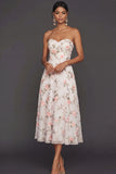 Lilac Floral Strapless A Line Long Wedding Guest Dress
