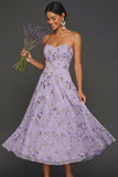 Lilac Floral Strapless A Line Long Wedding Guest Dress