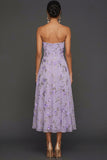Lilac Floral Strapless A Line Long Wedding Guest Dress