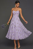 Lilac Floral Strapless A Line Long Wedding Guest Dress