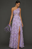 Lilac Floral A Line Appliqued One Shoulder Maxi Formal Dress with Slit