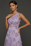 Lilac Floral A Line Appliqued One Shoulder Maxi Formal Dress with Slit