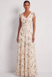 Lilac A Line Floral V Neck Long Wedding Guest Dress with Sleeves