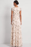 Lilac A Line Floral V Neck Long Wedding Guest Dress with Sleeves