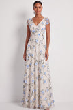 Lilac A Line Floral V Neck Long Wedding Guest Dress with Sleeves