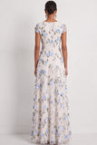 Lilac A Line Floral V Neck Long Wedding Guest Dress with Sleeves