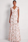 Lilac A Line Floral V Neck Long Wedding Guest Dress with Sleeves