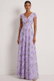 Lilac A Line Floral V Neck Long Wedding Guest Dress with Sleeves
