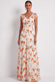 Lilac A Line Floral V Neck Long Wedding Guest Dress with Sleeves