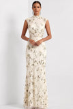 Lilac Mermaid Floral Appliqued High Neck Long Wedding Guest Dress