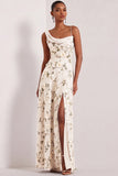 Floral Lilac Asymmetrical Neck Corset Bridesmaid Dress with Slit