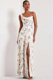 Floral Lilac Asymmetrical Neck Corset Bridesmaid Dress with Slit