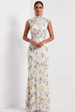 Lilac Mermaid Floral Appliqued High Neck Long Wedding Guest Dress