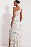 Floral Lilac Asymmetrical Neck Corset Bridesmaid Dress with Slit