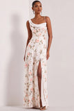 Floral Lilac Asymmetrical Neck Corset Bridesmaid Dress with Slit