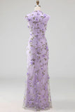 Lilac Mermaid Floral Appliqued High Neck Long Wedding Guest Dress