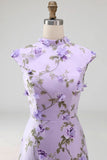 Lilac Mermaid Floral Appliqued High Neck Long Wedding Guest Dress