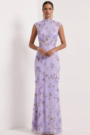 Lilac Mermaid Floral Appliqued High Neck Long Wedding Guest Dress
