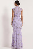 Lilac Mermaid Floral Appliqued High Neck Long Wedding Guest Dress