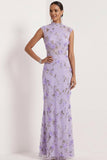 Lilac Mermaid Floral Appliqued High Neck Long Wedding Guest Dress
