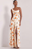 Floral Lilac Asymmetrical Neck Corset Bridesmaid Dress with Slit