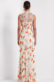 Lilac Mermaid Floral Appliqued High Neck Long Wedding Guest Dress