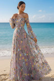 Mauve Floral Embroidered A Line Sweetheart Long Prom Dress with Sleeves