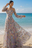 Mauve Floral Embroidered A Line Sweetheart Long Prom Dress with Sleeves