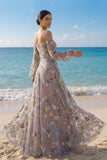 Mauve Floral Embroidered A Line Sweetheart Long Prom Dress with Sleeves