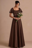 Brown A Line Satin Square Neck Long Wedding Guest Dress with Short Sleeves