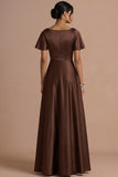 Brown A Line Satin Square Neck Long Wedding Guest Dress with Short Sleeves